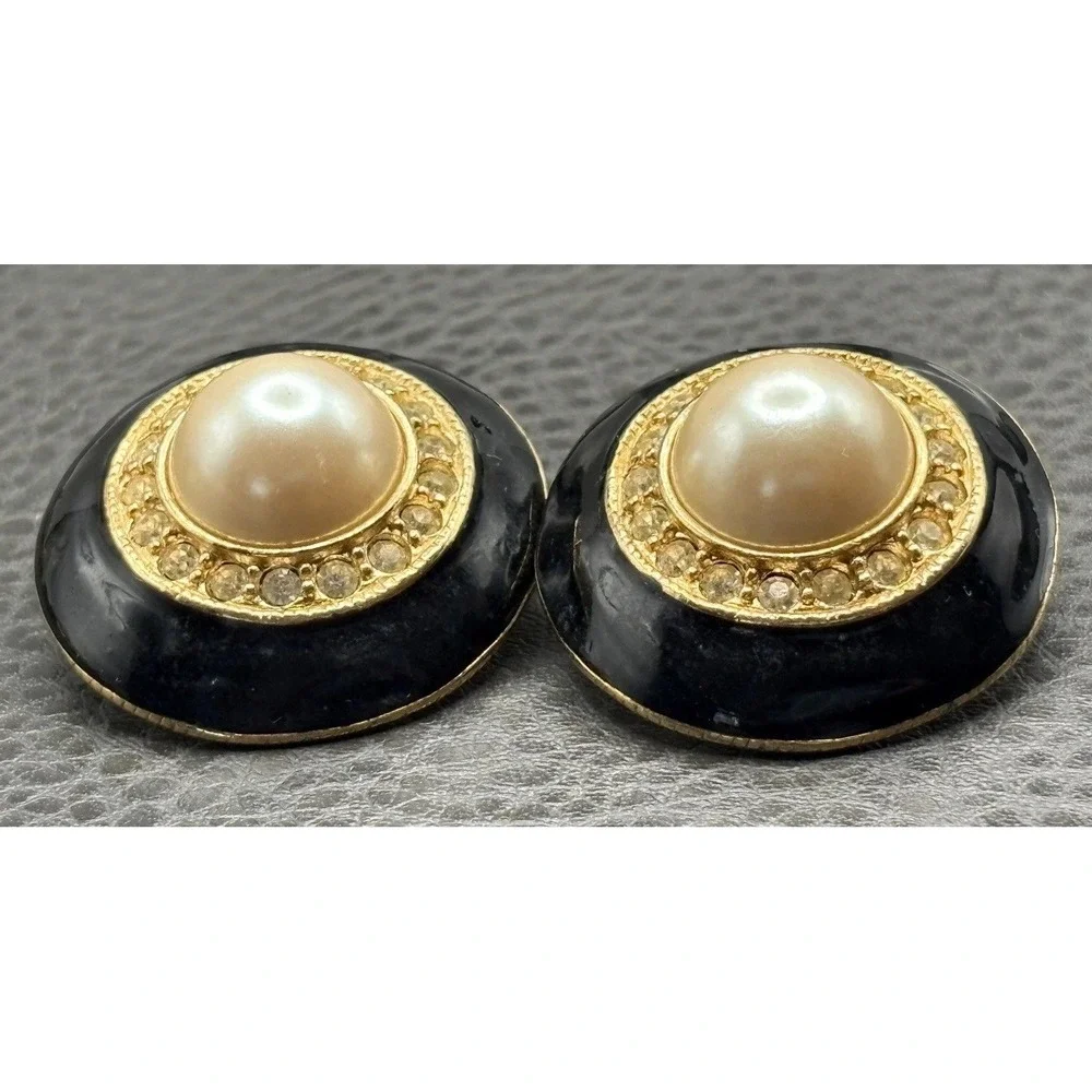 Vintage 80s Runway Black Enamel Faux Pearl Crystal Gold Tone Clip Earrings